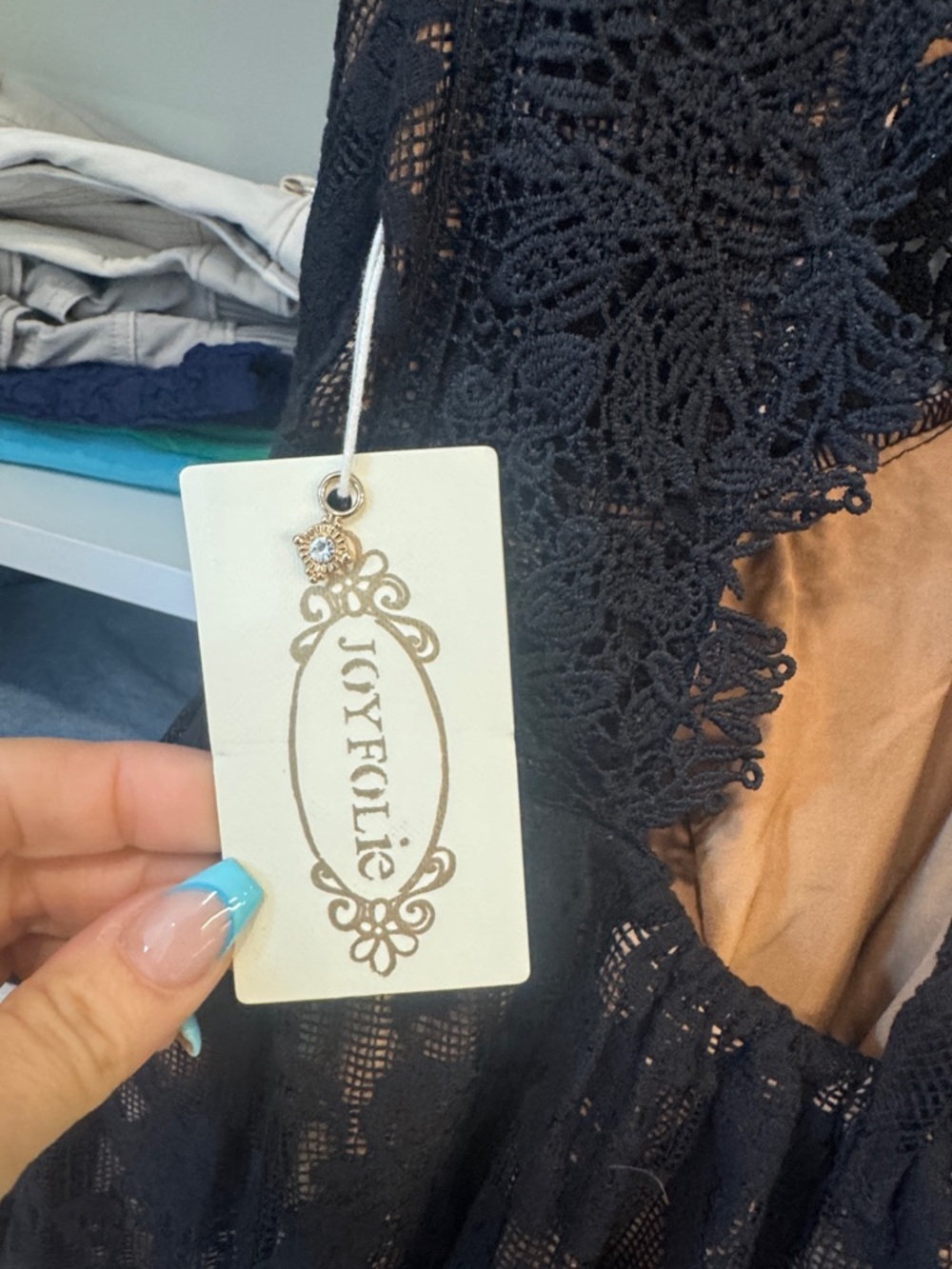 Joyfolie Black Lace High-Low Dress with Tan Underskirt - Picture 6 of 9